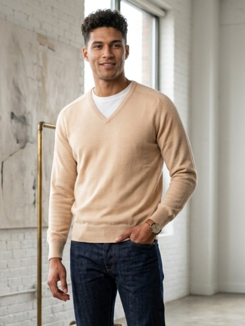 Men's Store Vintage V-Neck Sweater   Beige Sz XL NWT